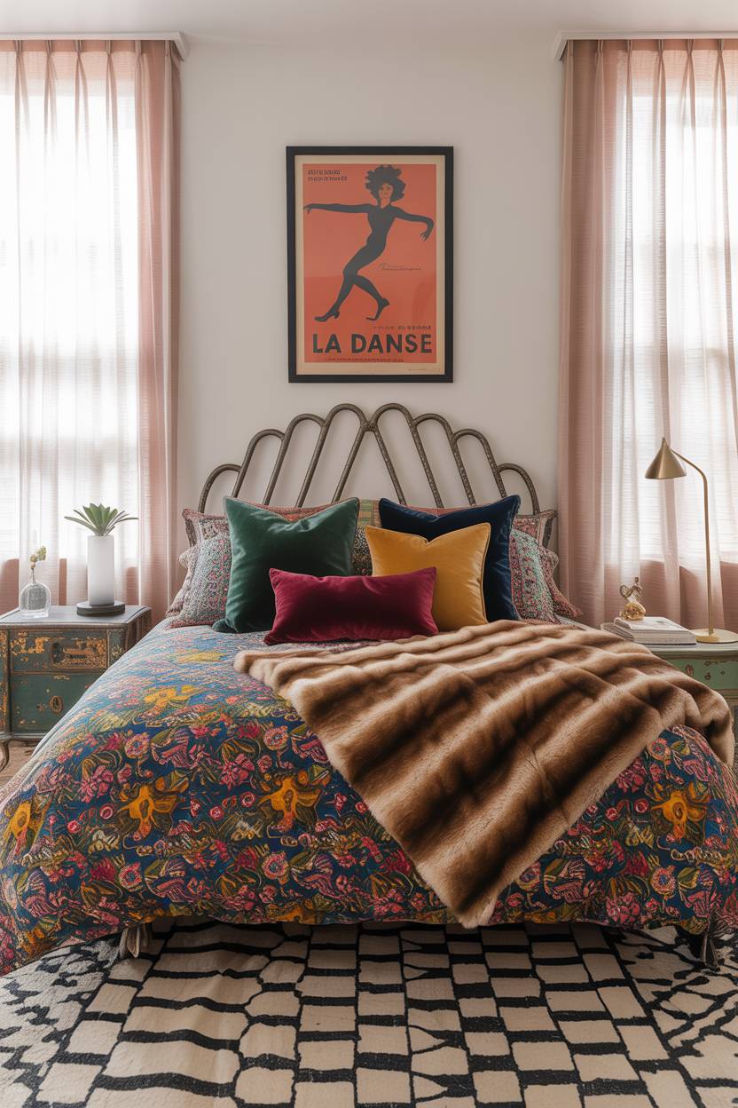 28 Eclectic Bedroom Design Ideas for a Personalized Retreat 21 Vibrant bedroom with king-size bed, sculptural metal headboard, patterned textiles, and "La Danse" vintage poster