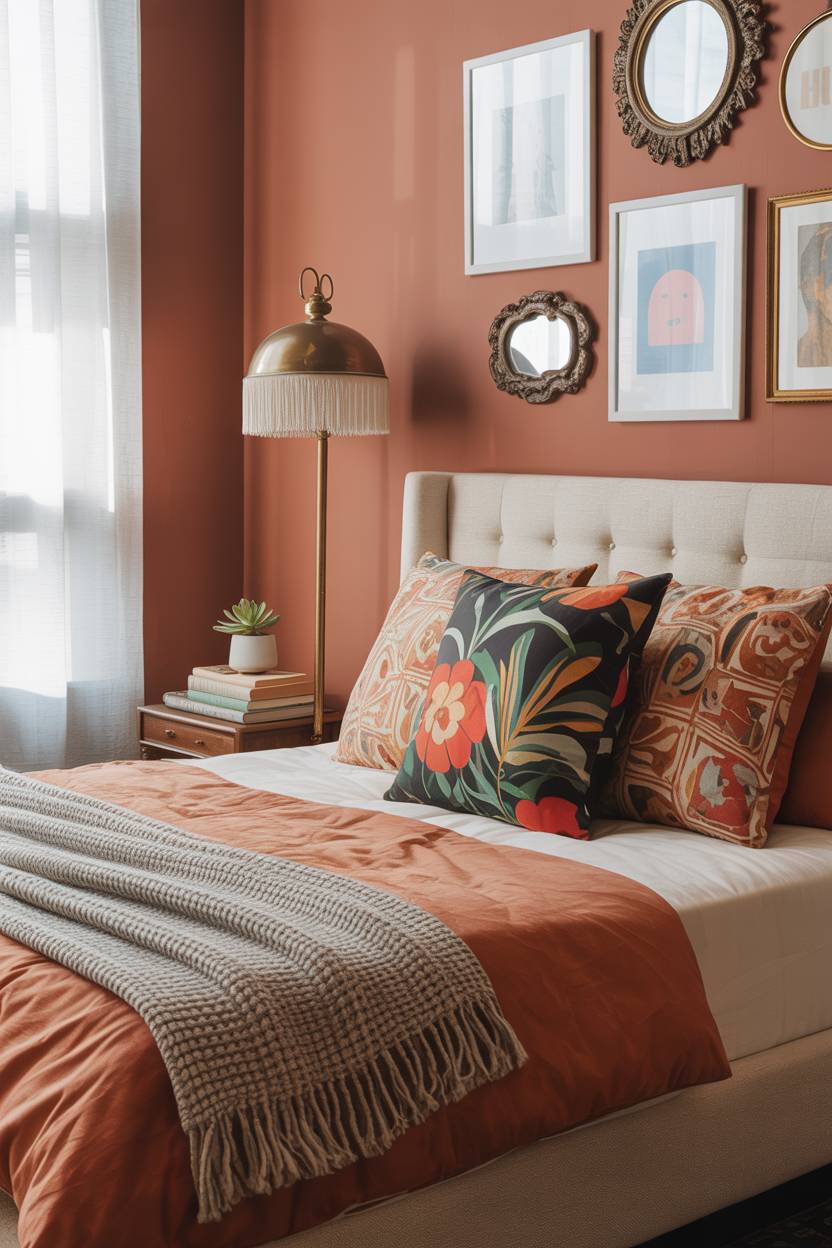 28 Eclectic Bedroom Design Ideas for a Personalized Retreat 22 Modern eclectic bedroom with terracotta walls, king-size bed, vintage brass floor lamp, and gallery wall
