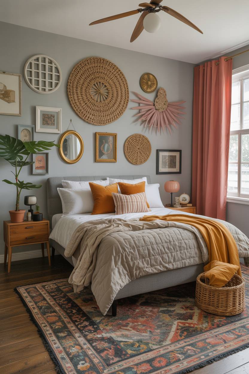28 Eclectic Bedroom Design Ideas for a Personalized Retreat 23 Cozy bedroom with circular woven basket gallery wall, orange and striped pillows, coral curtains, and monstera plant