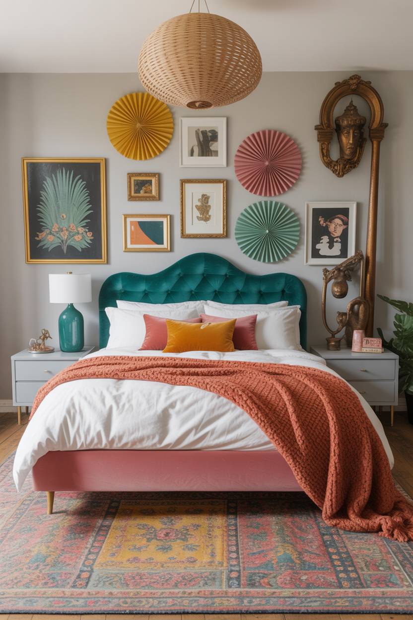 28 Eclectic Bedroom Design Ideas for a Personalized Retreat 24 Modern bohemian bedroom with teal velvet headboard, paper fan art, woven rattan pendant light, and brass accents