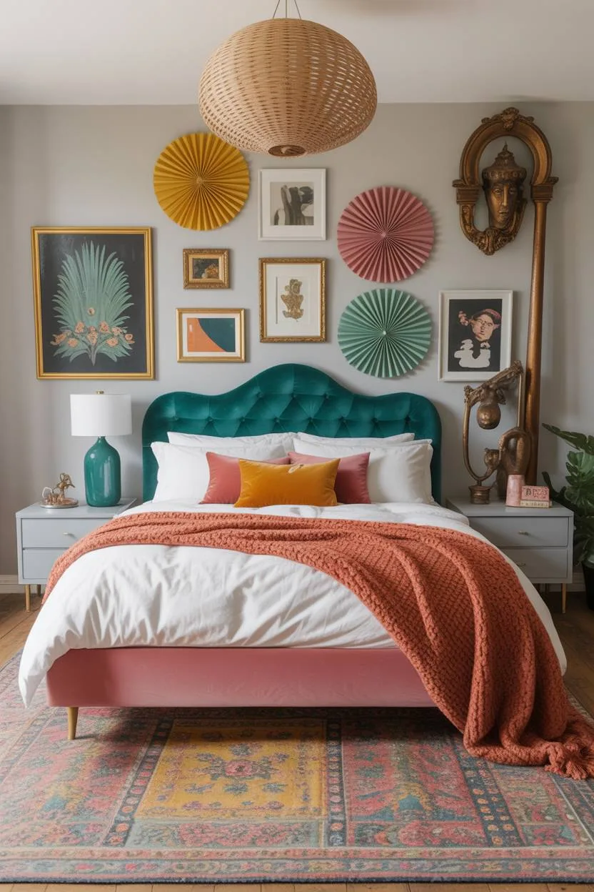 28 Eclectic Bedroom Design Ideas for a Personalized Retreat 24 Modern bohemian bedroom with teal velvet headboard, paper fan art, woven rattan pendant light, and brass accents