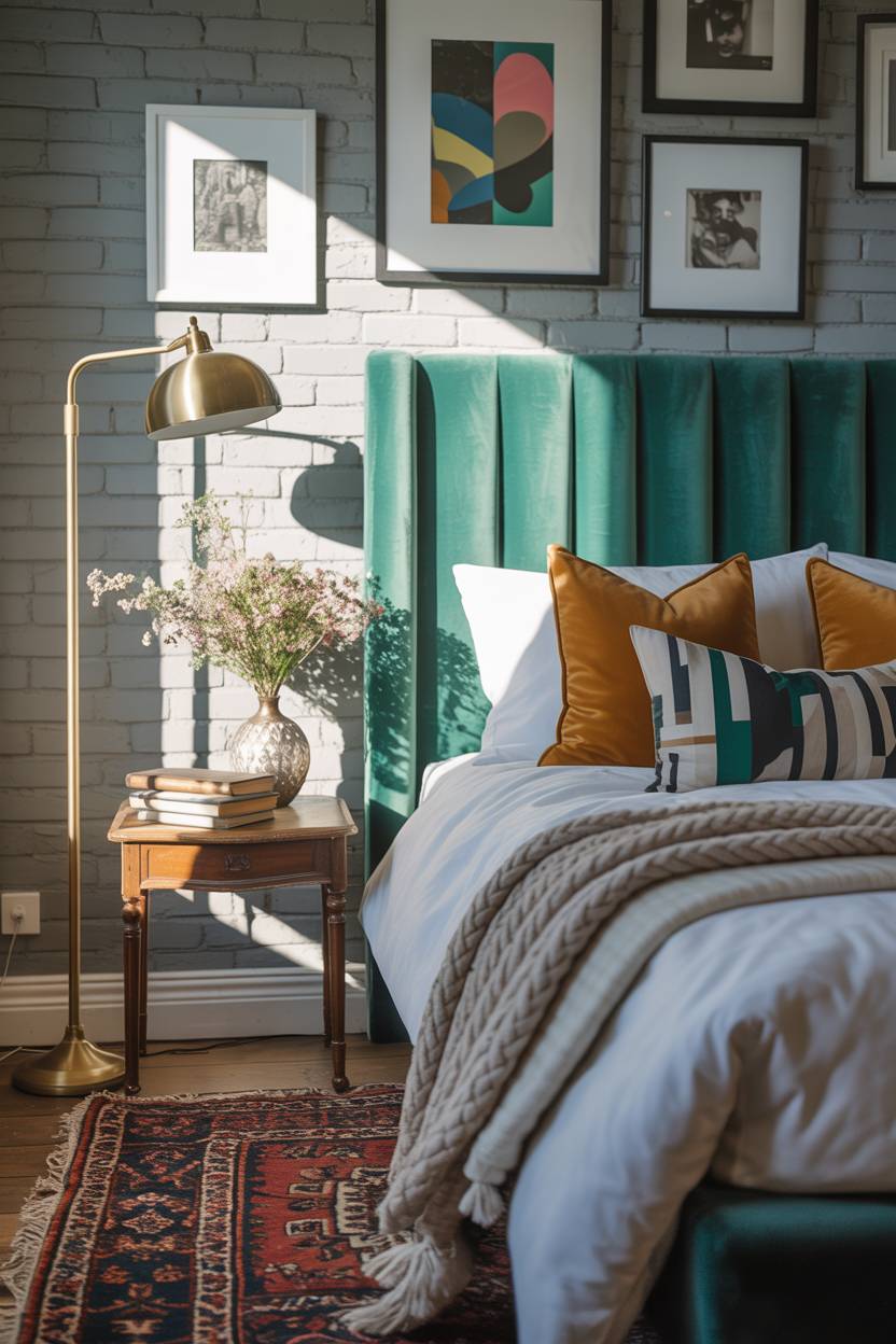 28 Eclectic Bedroom Design Ideas for a Personalized Retreat 25 Modern eclectic bedroom with emerald green velvet headboard, exposed brick walls, Persian rug, and brass floor lamp