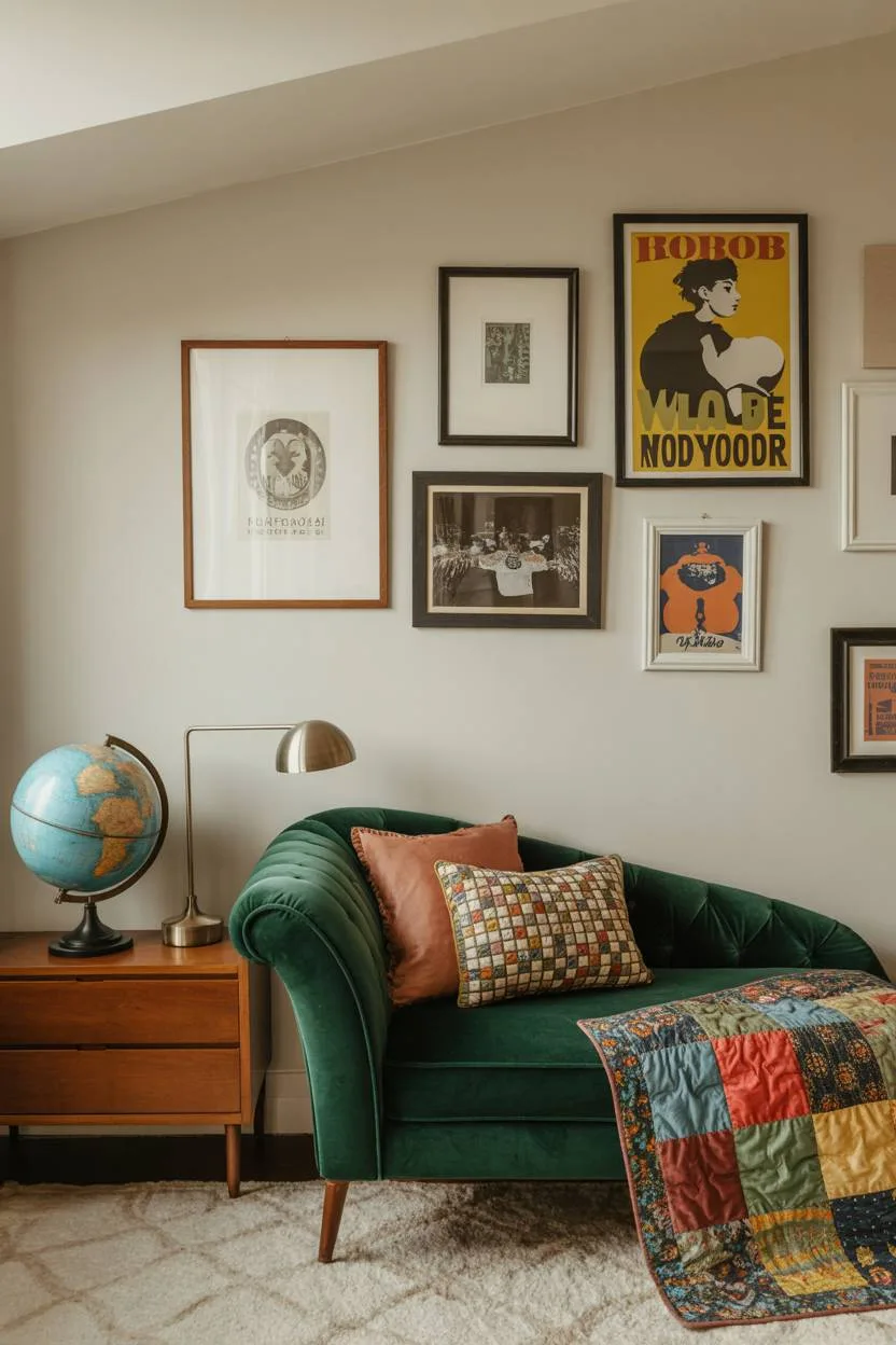 28 Eclectic Bedroom Design Ideas for a Personalized Retreat 26 Modern eclectic bedroom with emerald green chaise lounge, colorful patchwork quilt, vintage globe, and gallery wall