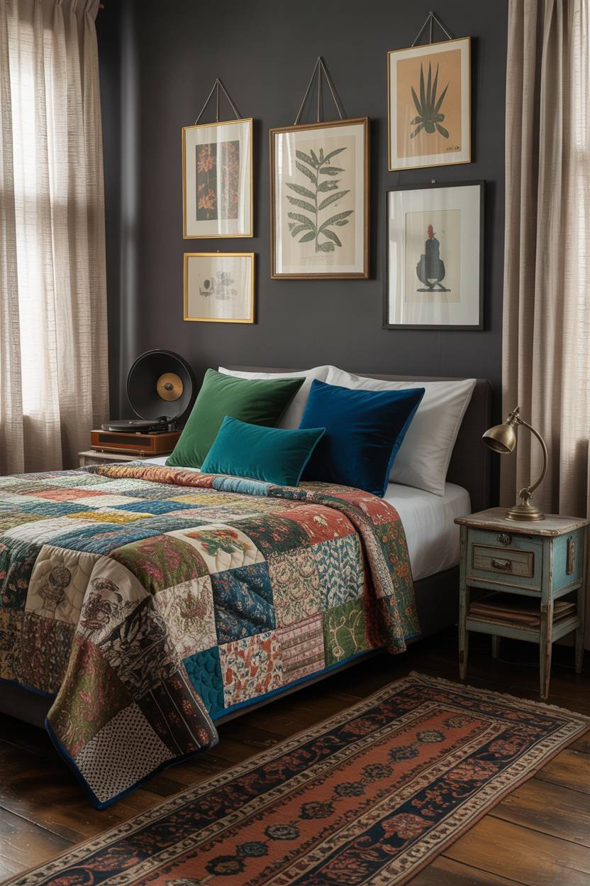 28 Eclectic Bedroom Design Ideas for a Personalized Retreat 27 Moody bedroom with charcoal gray walls, patchwork quilt, jewel-toned velvet pillows, and vintage record player