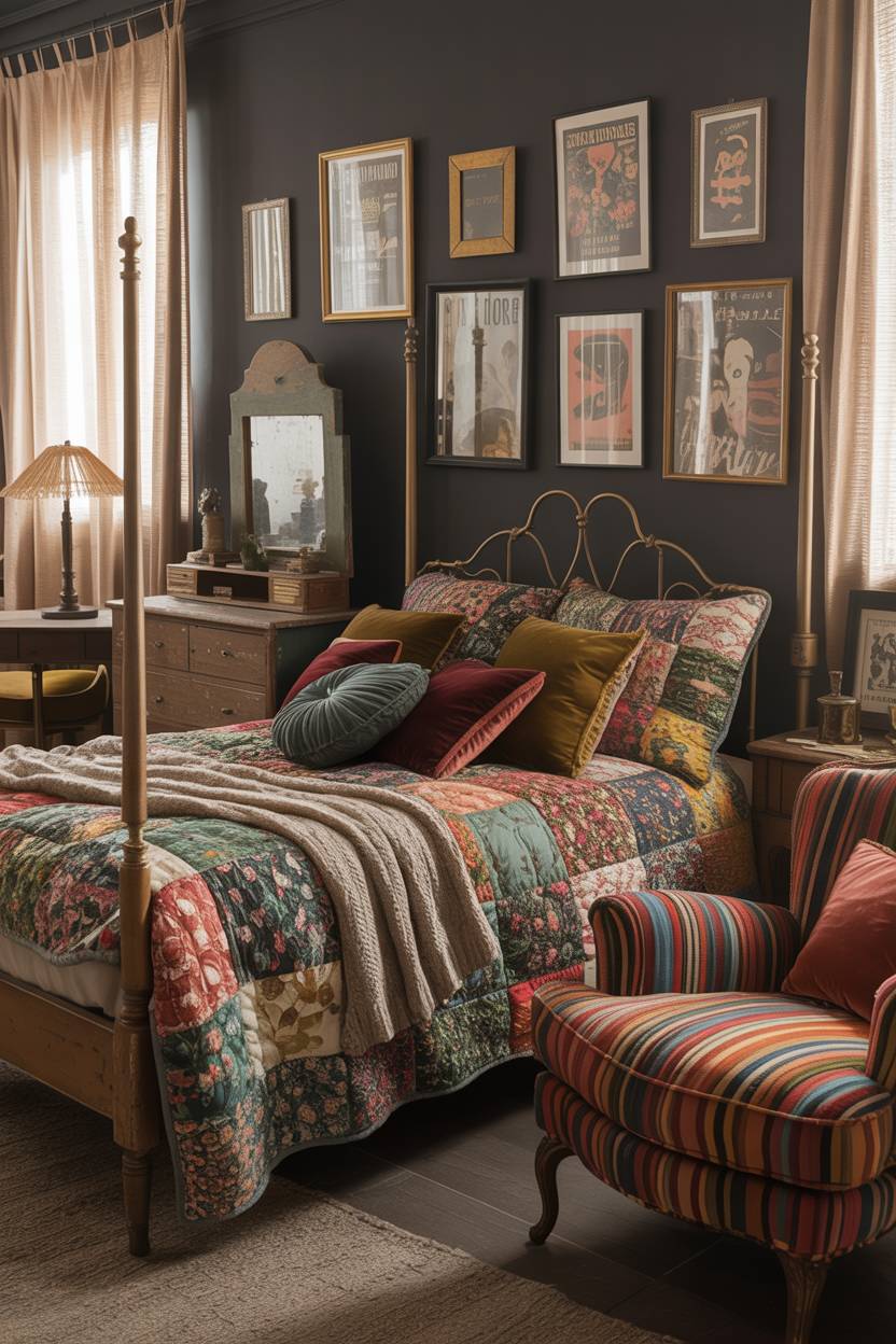 28 Eclectic Bedroom Design Ideas for a Personalized Retreat 28 Vintage four-poster bed with patchwork quilt, weathered dresser, striped armchair, and charcoal gray gallery wall