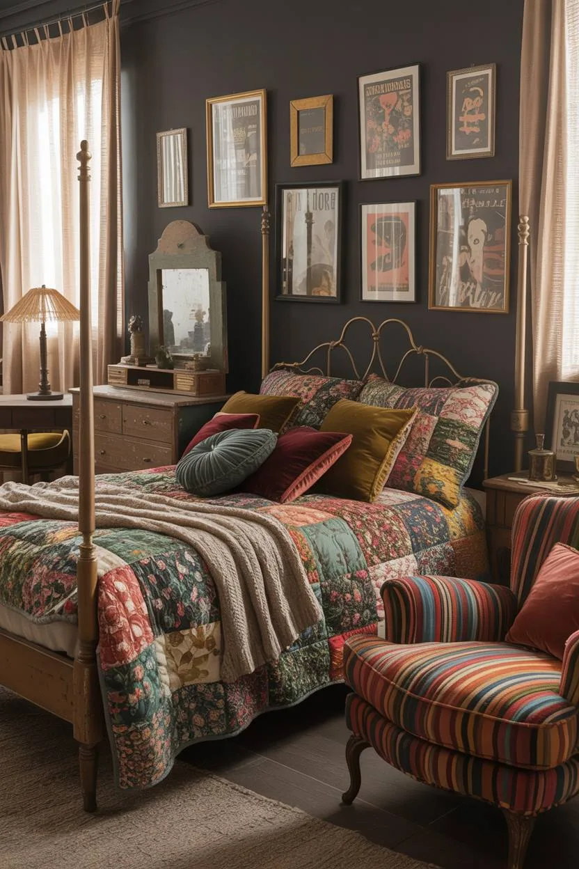 28 Eclectic Bedroom Design Ideas for a Personalized Retreat 28 Vintage four-poster bed with patchwork quilt, weathered dresser, striped armchair, and charcoal gray gallery wall