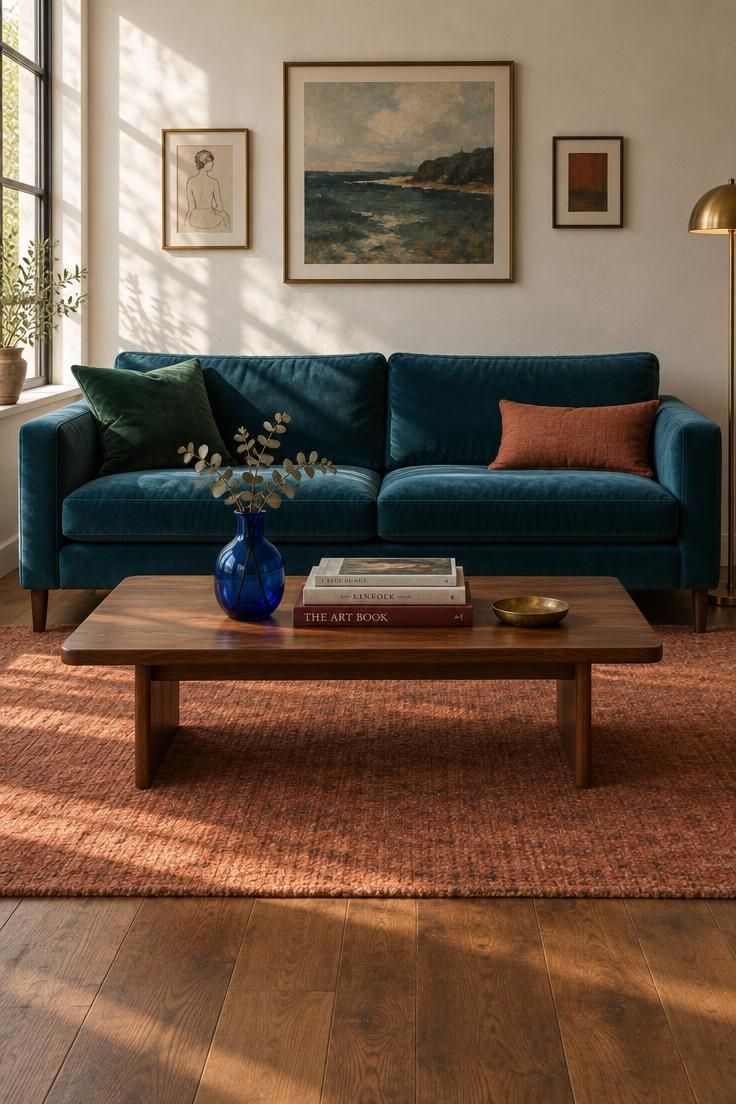 10 Bold Eclectic Color Palette Ideas That Feel Collected 1 A teal velvet sofa with emerald and rust cushions in a living room with a walnut floor, cobalt vase, art books, and a brass dish.
