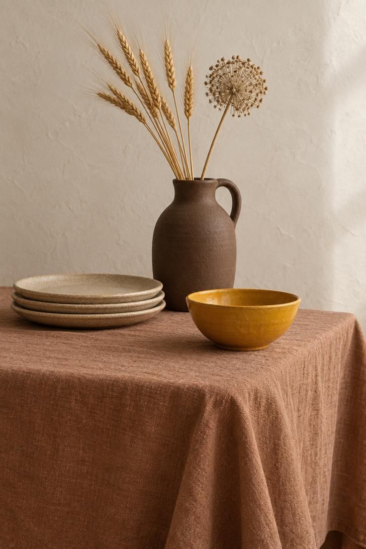 10 Bold Eclectic Color Palette Ideas That Feel Collected 2 A dining table with a clay-toned cloth, sand-colored plates, dried stems in an umber jug, and one saffron bowl.