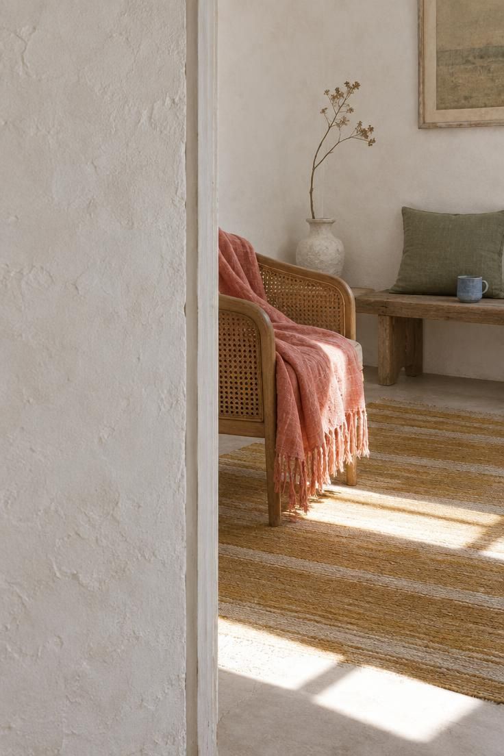 10 Bold Eclectic Color Palette Ideas That Feel Collected 3 A sun-worn bedroom with a chalky white wall, faded coral throw on a cane chair, sage cushion, and ochre striped rug.