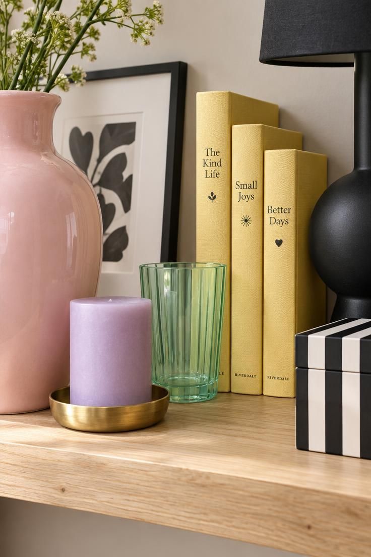 10 Bold Eclectic Color Palette Ideas That Feel Collected 4 A styled shelf with powder pink and lilac ceramics, mint glass, butter-yellow books, and black accents scattered between them.