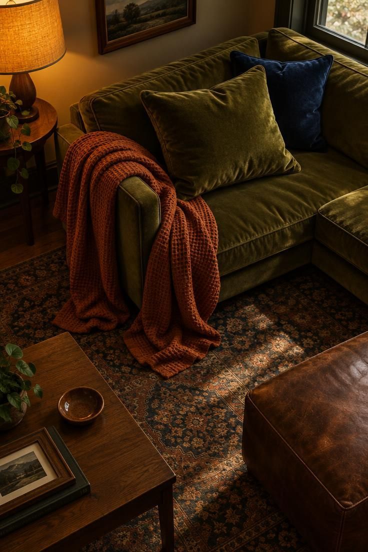 10 Bold Eclectic Color Palette Ideas That Feel Collected 5 A lounge with an avocado velvet cushion, burnt orange throw, harvest gold lamp, brown leather ottoman, and deep navy cushion.