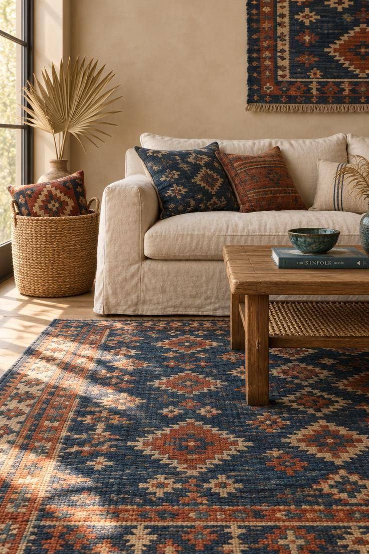 10 Bold Eclectic Color Palette Ideas That Feel Collected 6 A seating area with a cream linen sofa, warm oat wall, indigo and rust patterned rug, woven basket, and blue-green bowl.
