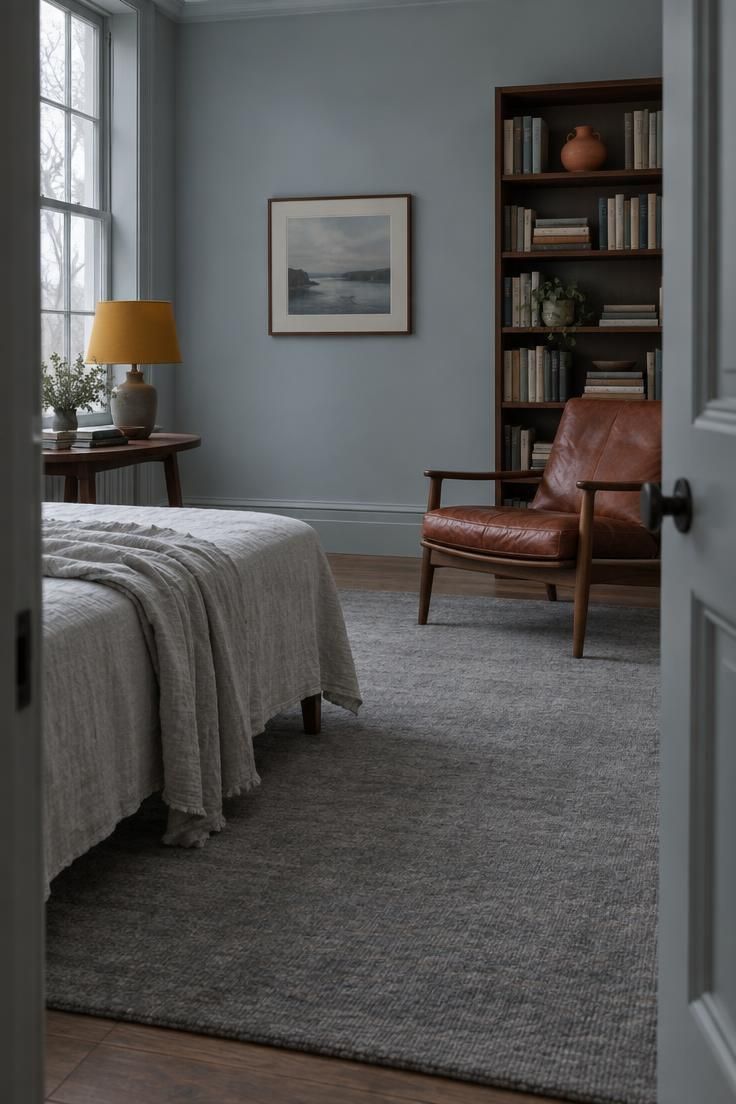 10 Bold Eclectic Color Palette Ideas That Feel Collected 7 A study with a pale blue-grey wall and cool linen, interrupted by a rust leather chair, mustard lamp shade, and terracotta vase.