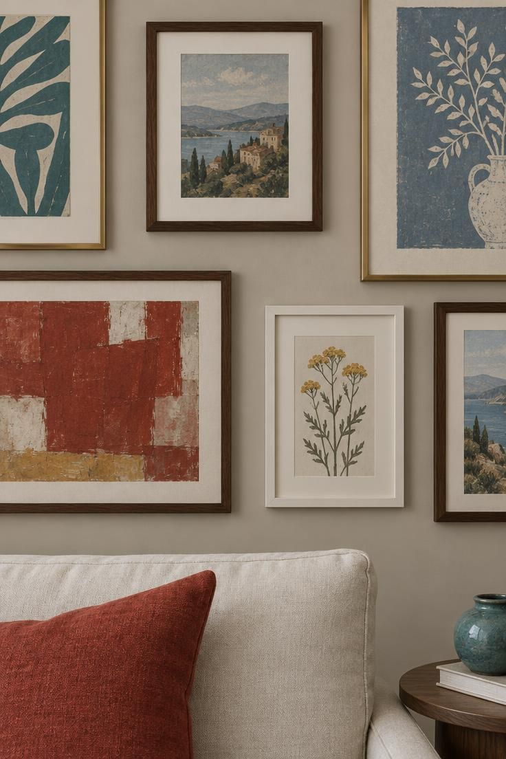 10 Bold Eclectic Color Palette Ideas That Feel Collected 8 A gallery cluster with mismatched frames in teal, madder red, ochre, and dusty blue over a greige wall and off-white sofa.