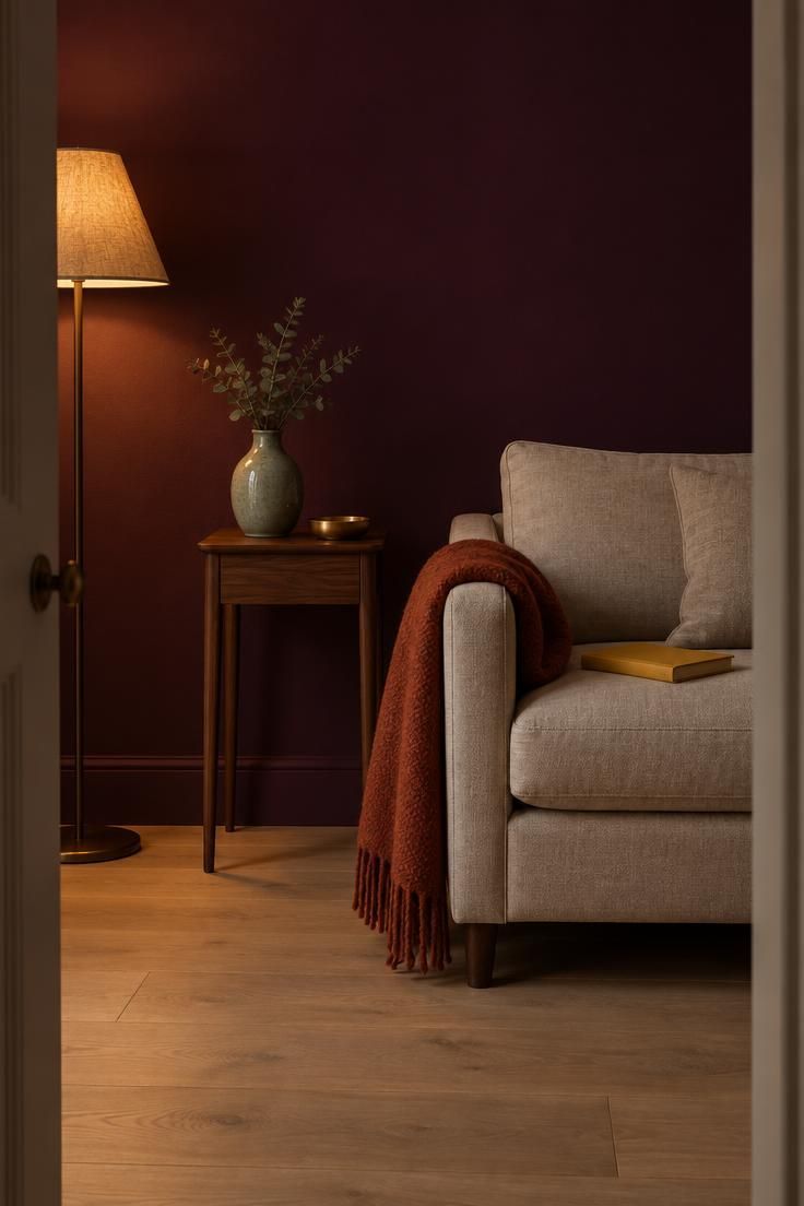 10 Bold Eclectic Color Palette Ideas That Feel Collected 9 A small sitting room with a deep aubergine wall, pale oak floor, oat sofa, and small objects in sage, mustard, rust, and brass.
