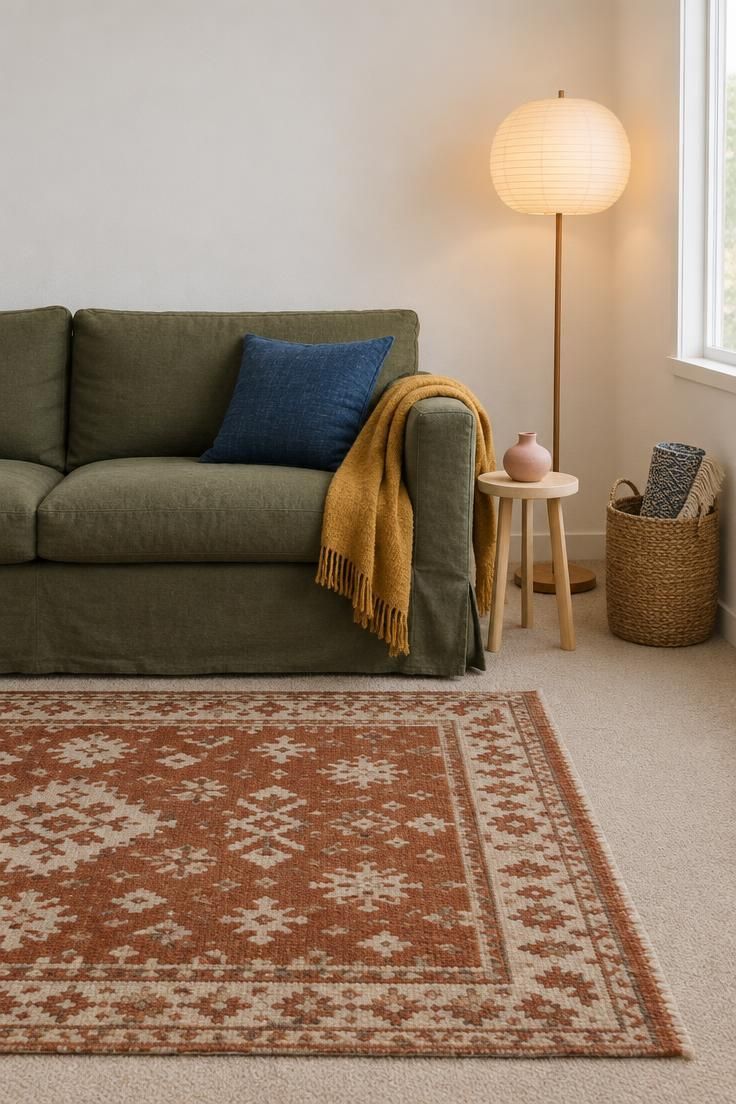 10 Bold Eclectic Color Palette Ideas That Feel Collected 10 A rental living room with beige carpet and white walls where color arrives via an olive sofa, patterned rug, mustard throw, indigo cushion, and pink ceramic.