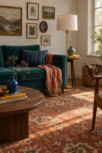 10 Bold Eclectic Color Palette Ideas That Feel Collected An eclectic living room with a teal velvet sofa, rust and cream rug, mismatched gallery wall, brass lamp, and textiles in indigo, mustard, sage, and coral.