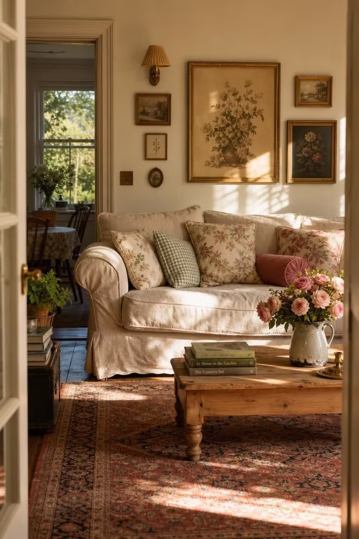 10 Eclectic Cottage Decor Ideas for a Cozy Collected Look 1 A slipcovered linen sofa in a cottage living room piled with mismatched floral and gingham cushions.