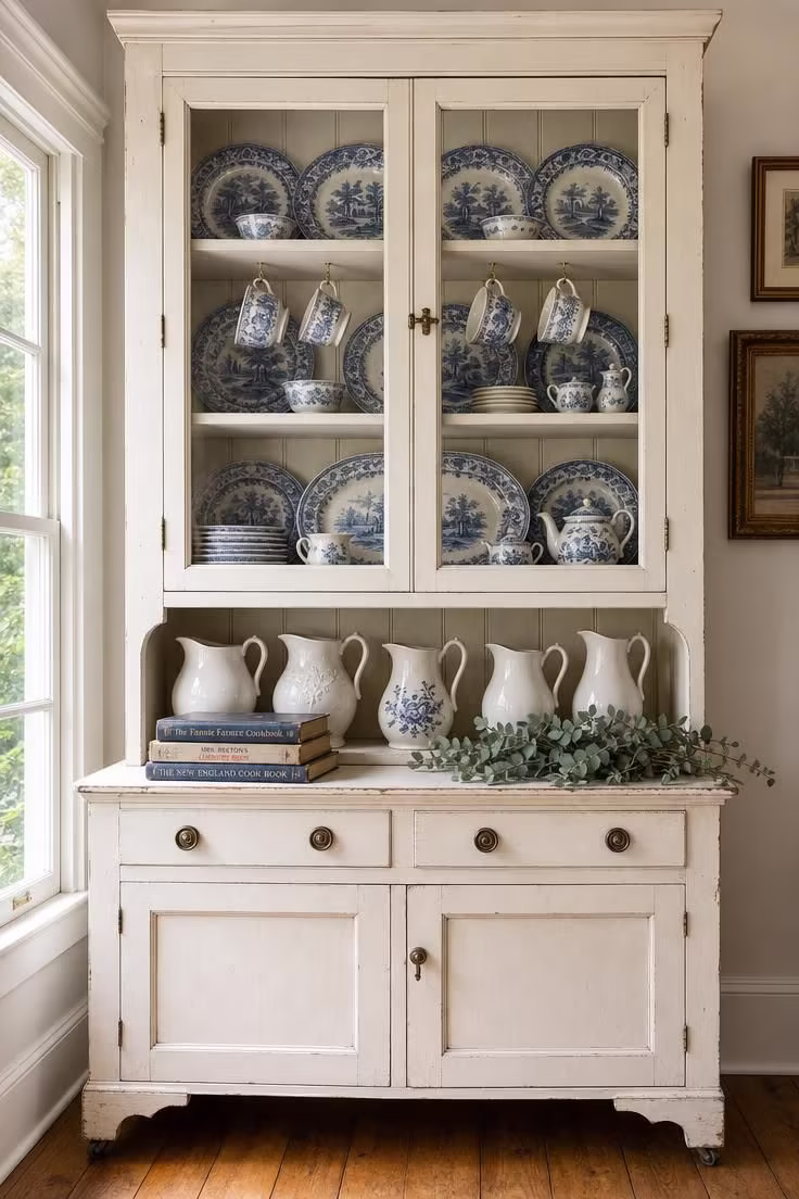 10 Eclectic Cottage Decor Ideas for a Cozy Collected Look 3 A cream glass-front hutch stacked with blue-and-white transferware plates and teacups.