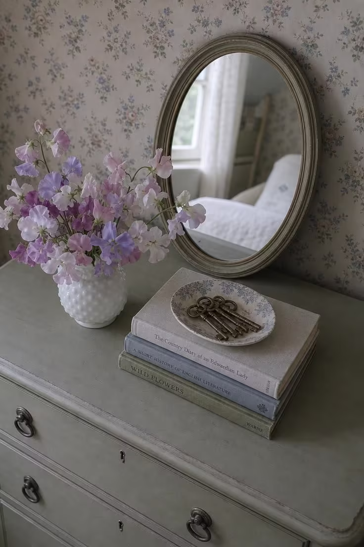 10 Eclectic Cottage Decor Ideas for a Cozy Collected Look 4 A sage-painted dresser styled with milk glass and books against ditsy floral wallpaper.