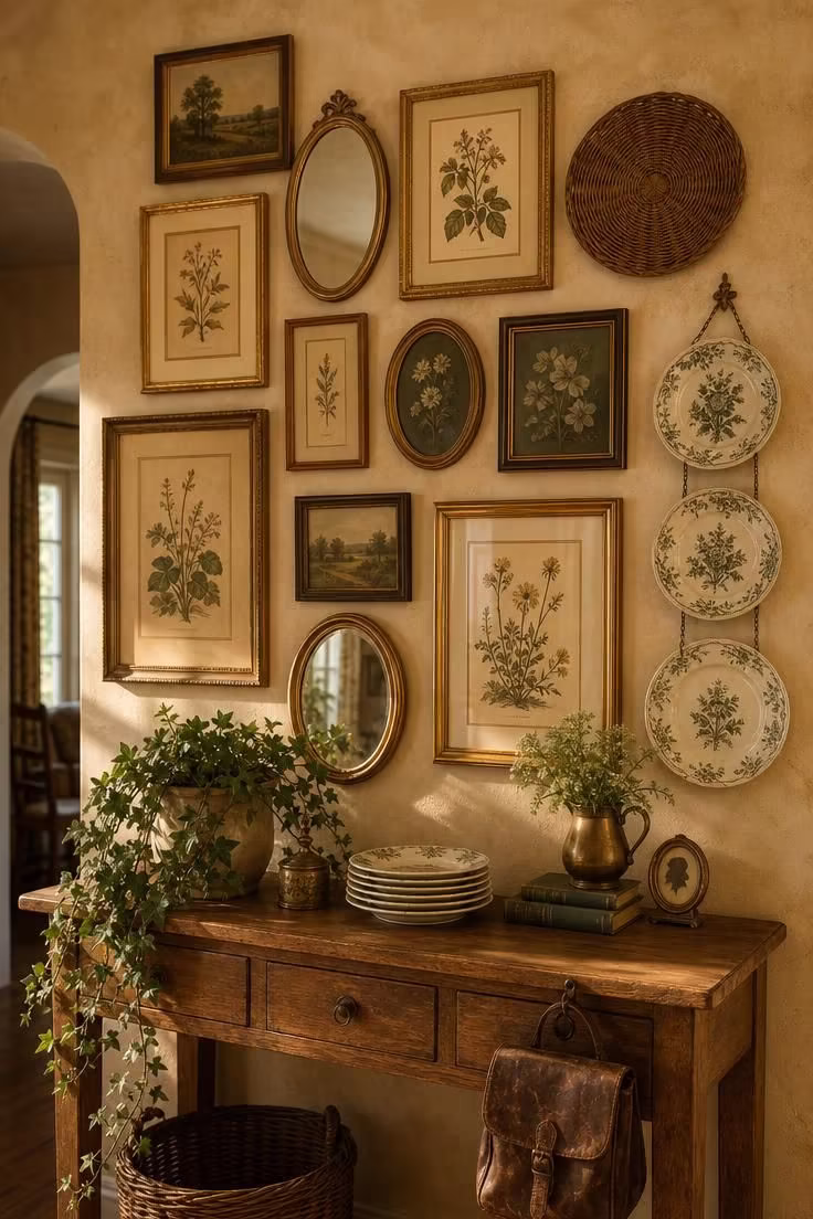 10 Eclectic Cottage Decor Ideas for a Cozy Collected Look 5 A gallery wall mixing botanical prints, oval mirrors, and ironstone plates above a pine console.