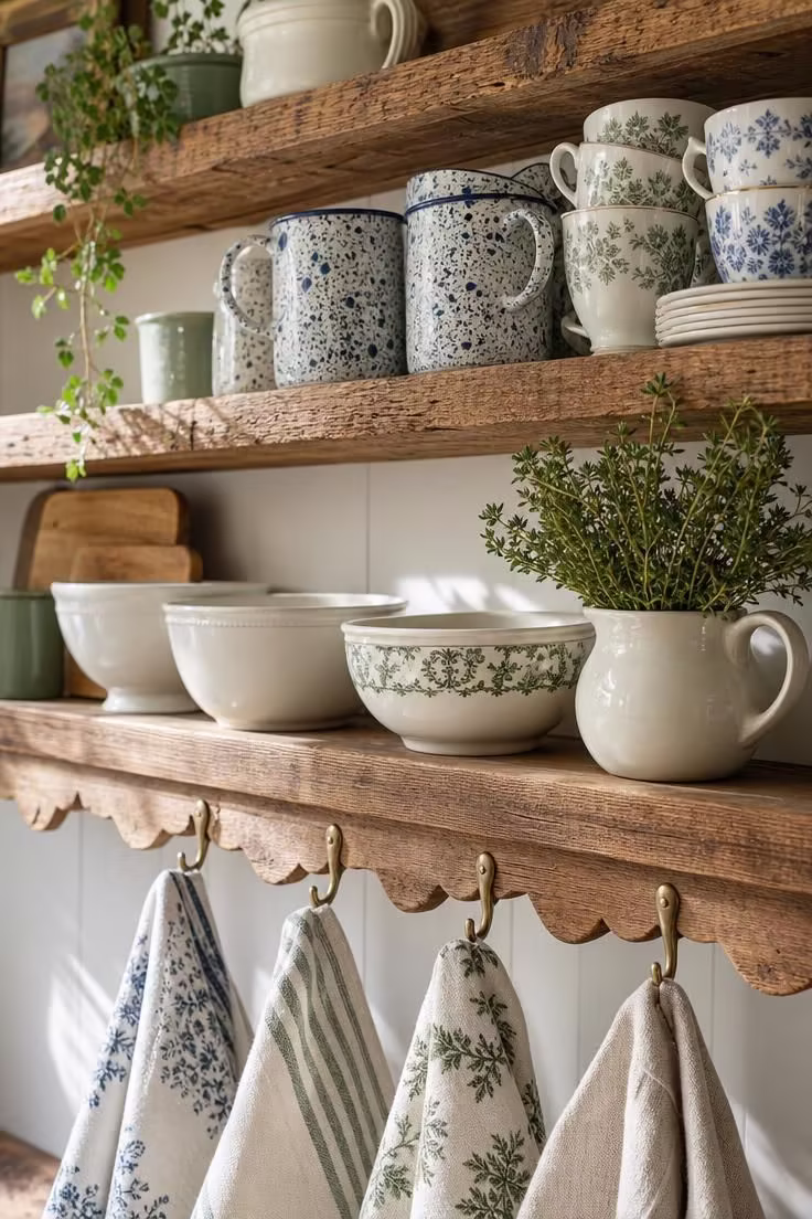 10 Eclectic Cottage Decor Ideas for a Cozy Collected Look 6 Open oak kitchen shelving lined with enamelware, stacked floral teacups, and ironstone bowls.