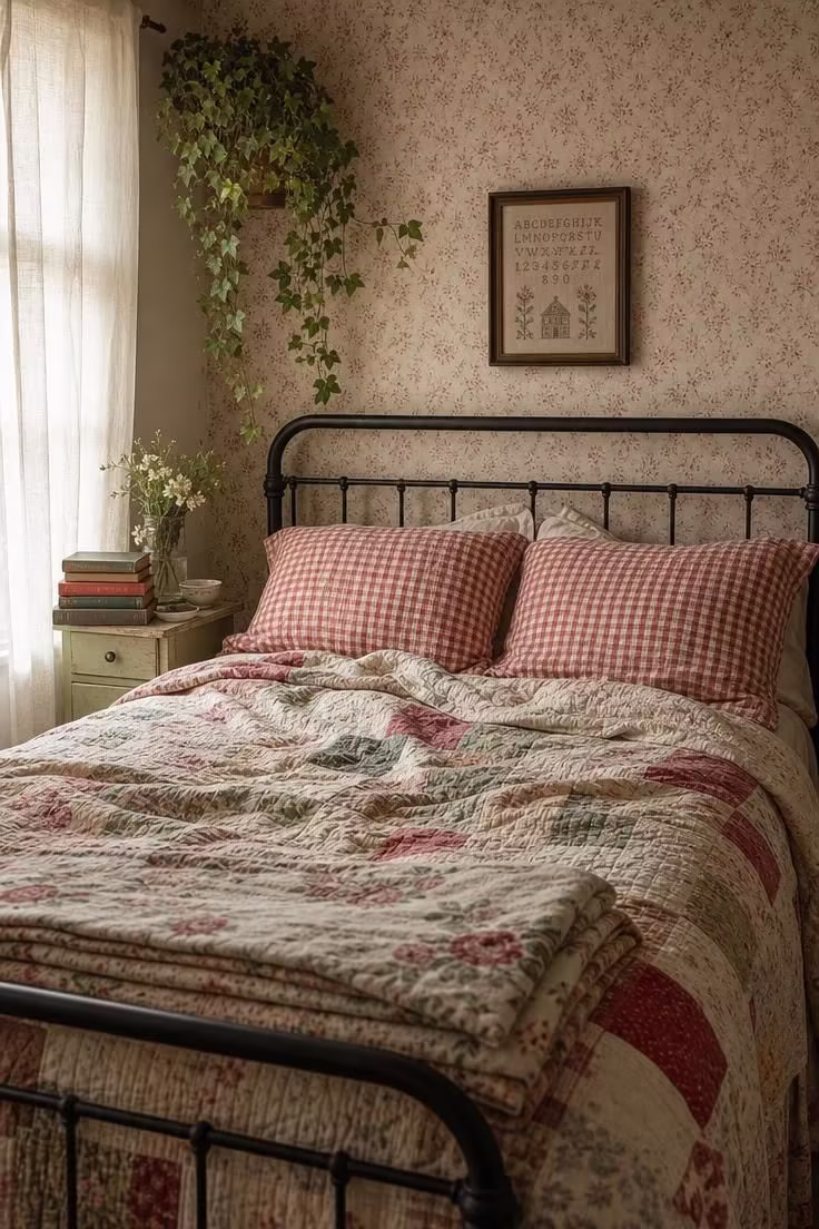 10 Eclectic Cottage Decor Ideas for a Cozy Collected Look 7 A black iron bed with a patchwork quilt and red gingham shams against faded floral wallpaper.