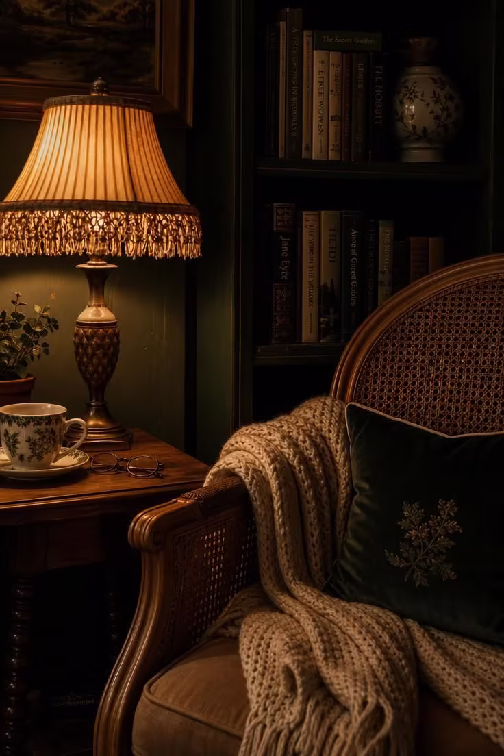 10 Eclectic Cottage Decor Ideas for a Cozy Collected Look 8 A cane armchair reading nook lit by a single lamp with a fringed pleated shade at dusk.
