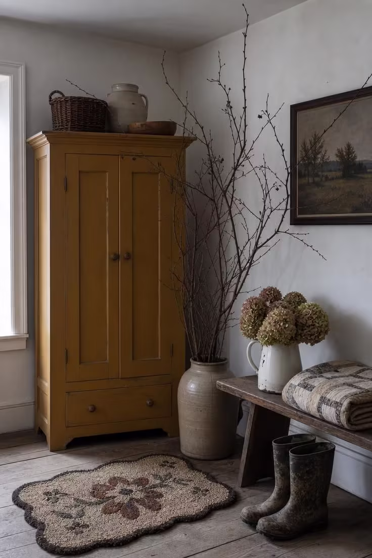 10 Eclectic Cottage Decor Ideas for a Cozy Collected Look 9 A deep ochre painted cabinet beside a stoneware jug of foraged branches in a cottage corner.