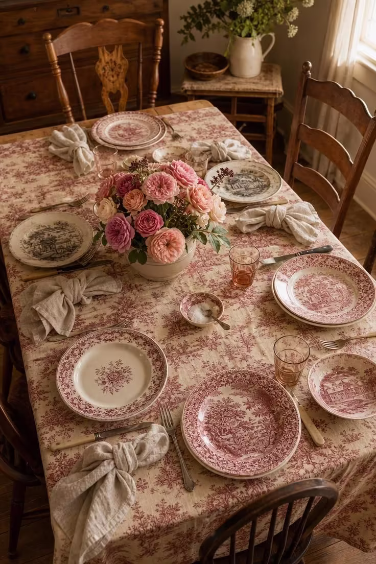 10 Eclectic Cottage Decor Ideas for a Cozy Collected Look 10 An overhead farmhouse table set with a red toile tablecloth, transferware plates, and roses.