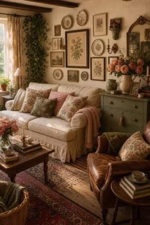 A cozy eclectic cottage living room with a slipcovered floral sofa, layered rugs, and a gallery wall in golden light.