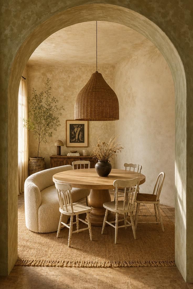 14 Warm Eclectic Dining Room Ideas That Feel Like Home 1 A warm eclectic dining room with a limewashed plaster arch, woven rattan pendant, round white-oak table, bouclé bench, mismatched off-white vintage chairs, and a jute rug.