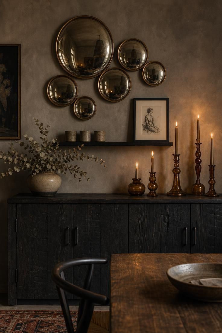 14 Warm Eclectic Dining Room Ideas That Feel Like Home 2 A moody eclectic dining room vignette with a charred-wood sideboard, clustered round convex mirrors in brass frames, amber glass candlesticks, and dried eucalyptus.