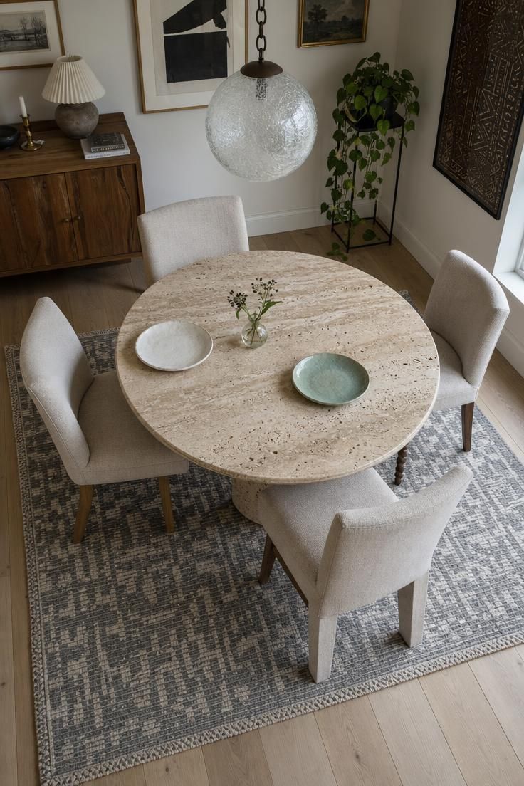14 Warm Eclectic Dining Room Ideas That Feel Like Home 3 An overhead view of a modern eclectic dining room with a travertine slab table, cracked-ice glass pendant, oat linen chairs, gray flatweave rug, and a black plant stand.