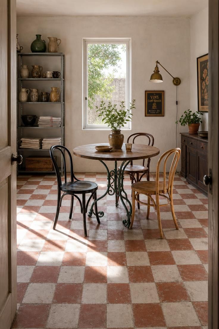 14 Warm Eclectic Dining Room Ideas That Feel Like Home 4 A bright eclectic dining room with a checkerboard encaustic-tile floor, painted iron café table, mismatched bentwood chairs in three wood stains, and a brass pharmacy lamp.