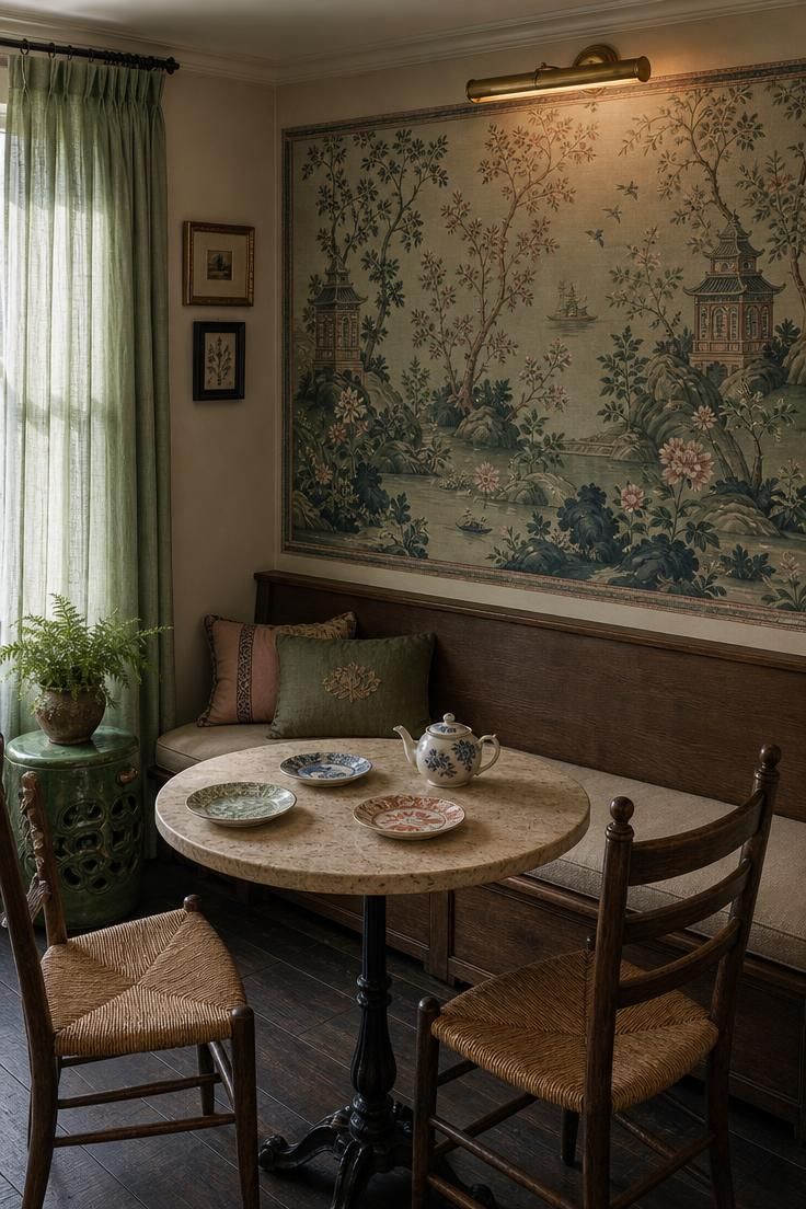 14 Warm Eclectic Dining Room Ideas That Feel Like Home 5 A soft eclectic dining room vignette with a chinoiserie mural panel, brass picture light, waxed oak bench, travertine bistro table, and woven-rush café chairs.