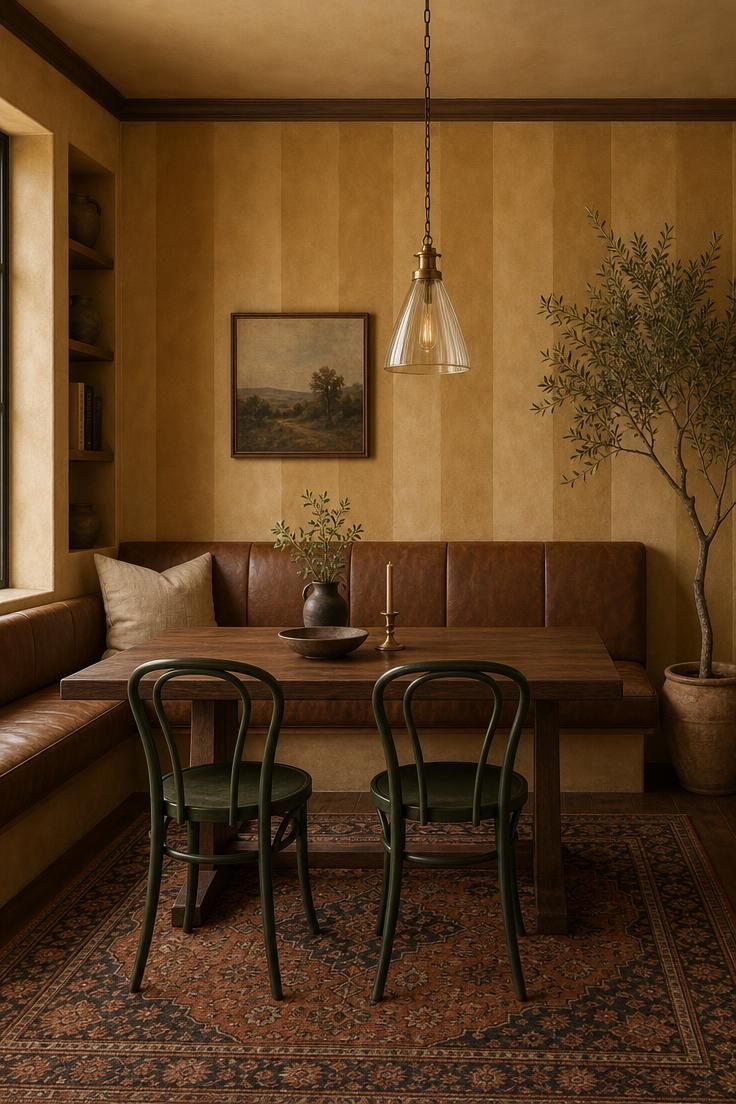 14 Warm Eclectic Dining Room Ideas That Feel Like Home 6 A warm eclectic dining room with a worn tobacco leather banquette, striped ochre plaster wall, walnut table, green bentwood chairs, and an aged Persian runner.
