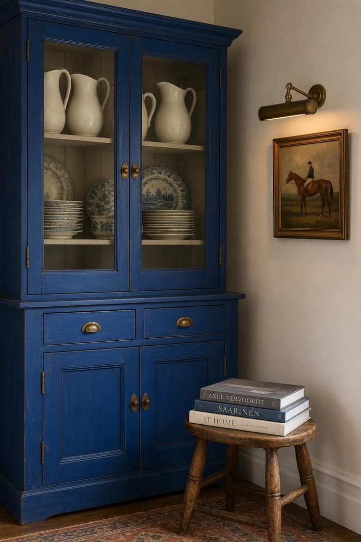 14 Warm Eclectic Dining Room Ideas That Feel Like Home 8 A colorful dining room vignette with a cobalt blue vintage hutch, unlacquered brass pulls, ironstone pitchers, blue-and-white plates, and a lit equestrian oil painting.