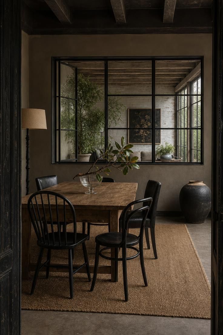 14 Warm Eclectic Dining Room Ideas That Feel Like Home 9 A moody eclectic dining room with a raw steel window frame, charcoal stoneware floor vessel, pine farm table, mismatched blackened chairs, caramel jute rug, and parchment floor lamp.