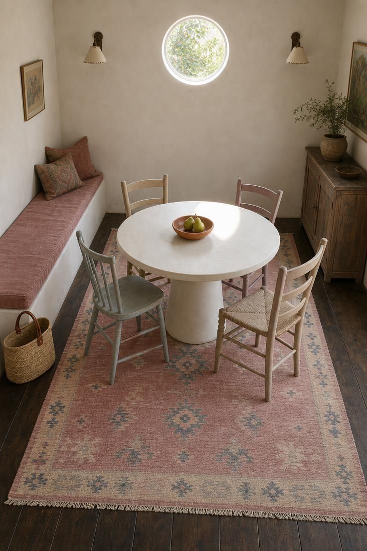 14 Warm Eclectic Dining Room Ideas That Feel Like Home 10 An overhead view of an eclectic dining room with a faded rose dhurrie, matte white plaster pedestal table, mismatched painted chairs, and a circular window casting daylight.