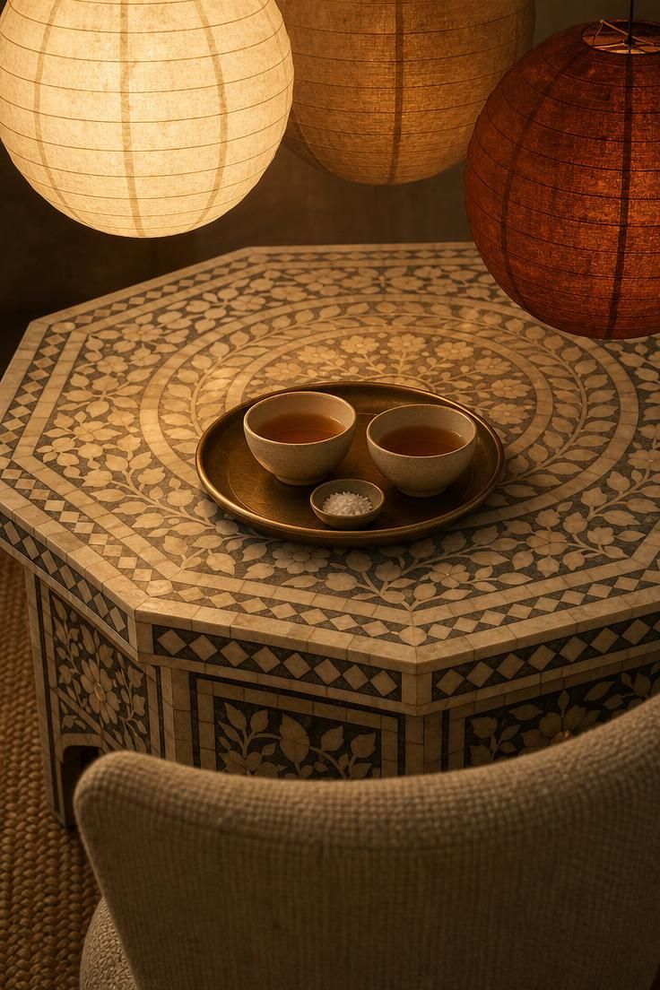 14 Warm Eclectic Dining Room Ideas That Feel Like Home 11 A warm eclectic dining room detail with a bone-inlay octagonal table, clustered paper lanterns in ivory, dun, and rust, a brass tea tray, and woven rush matting.