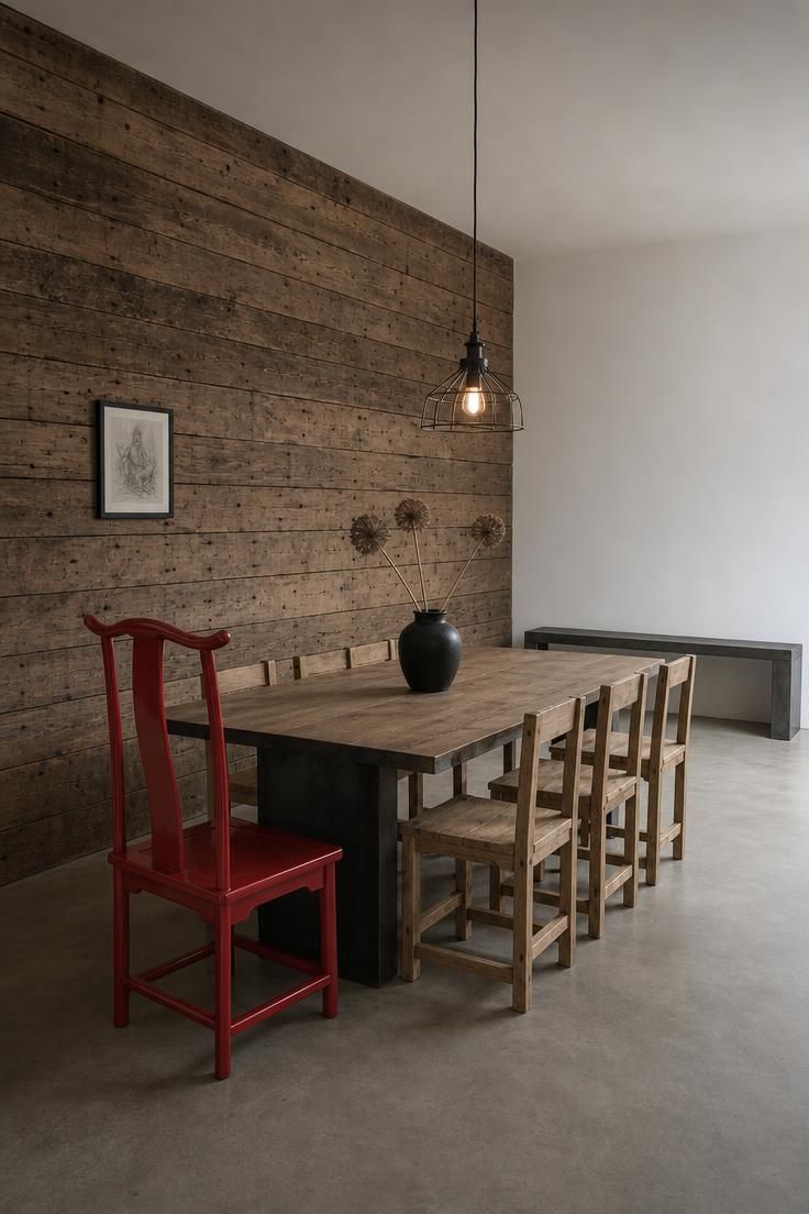 14 Warm Eclectic Dining Room Ideas That Feel Like Home 12 A warm eclectic dining room with a reclaimed wood wall, steel and oak table, raw wood chairs, one lacquered red chair, and a bare bulb pendant.