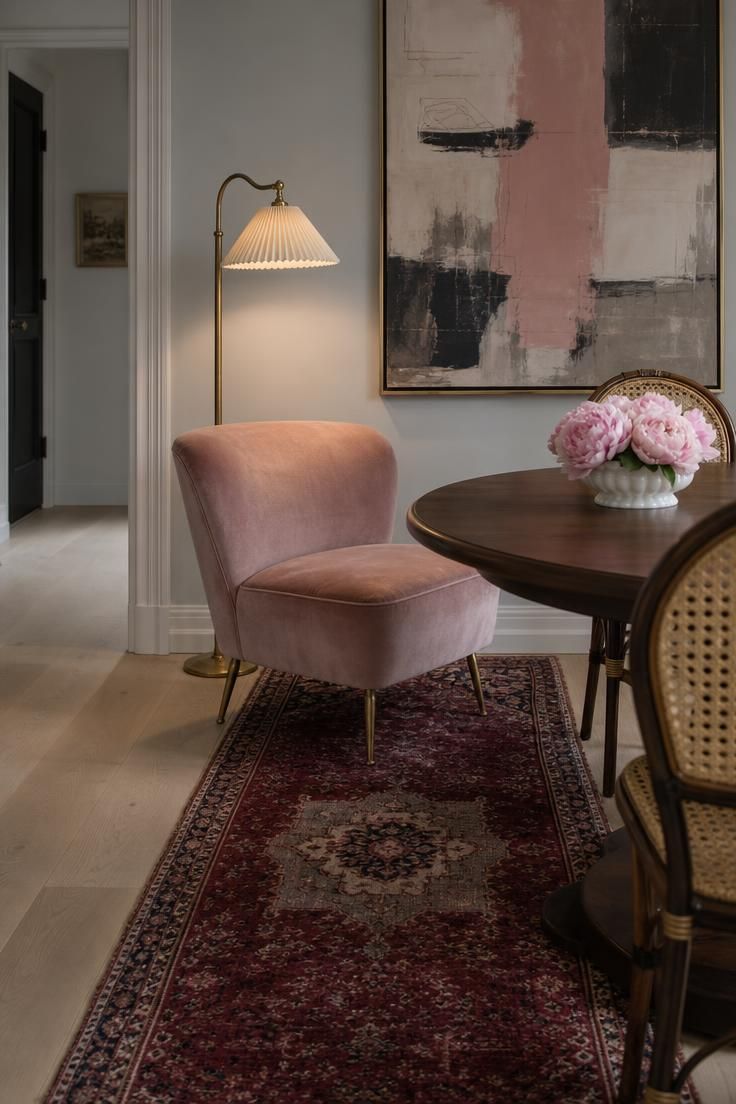14 Warm Eclectic Dining Room Ideas That Feel Like Home 13 A vintage dining room vignette with a blush velvet slipper chair, oxblood Persian runner, round walnut table, pink peonies, abstract painting, and brass floor lamp.
