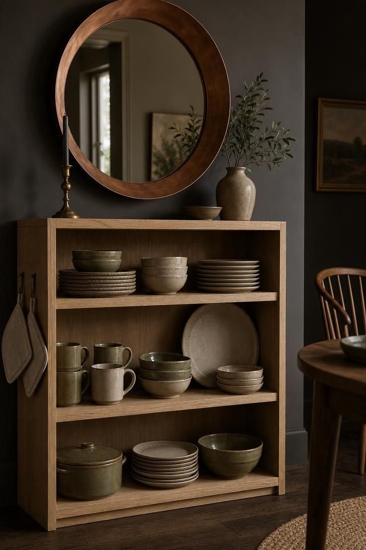 14 Warm Eclectic Dining Room Ideas That Feel Like Home 14 A moody eclectic dining room vignette with a copper-banded round mirror, pale oak open shelving, muted stoneware dinner service, brass candlestick, and dark charcoal wall.