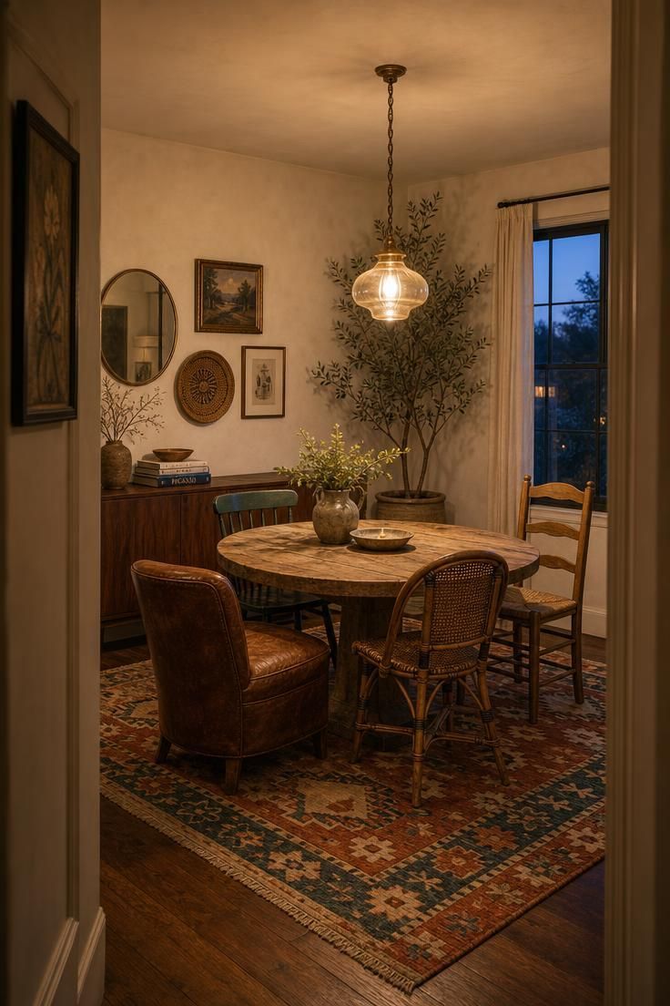 Simple Spaces 18 A warm eclectic dining room with a round reclaimed wood table, mixed seating, a faded kilim rug, walnut sideboard, gallery wall, and potted olive tree.