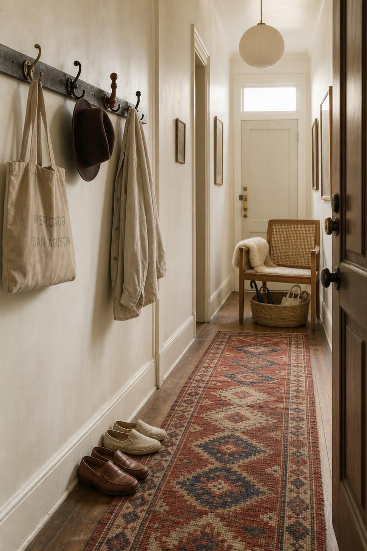 11 Inviting Eclectic Entryway Ideas for an Artful Home 2 Narrow entry hall with blackened steel hook rail, mismatched coat hooks, vintage kilim runner, cane bench, and shearling throw in soft diffused light.