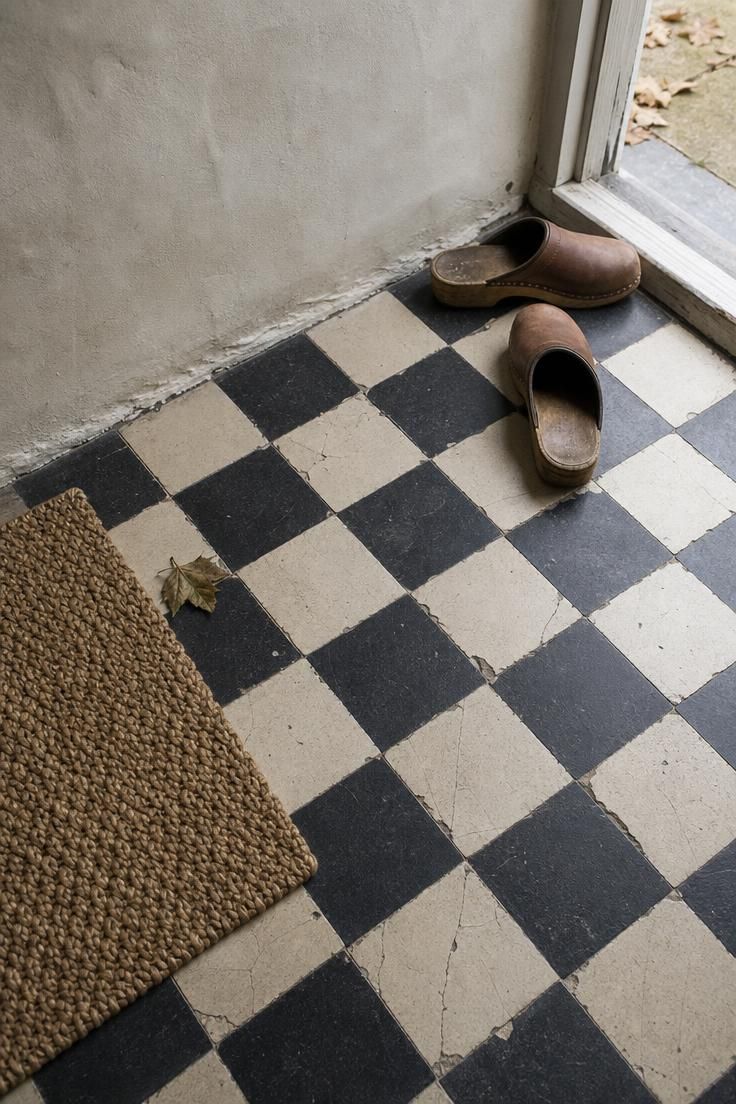 11 Inviting Eclectic Entryway Ideas for an Artful Home 3 High-angle detail of worn black-and-cream checkerboard encaustic tile floor meeting pale limewashed wall, with leather clogs and jute doormat.