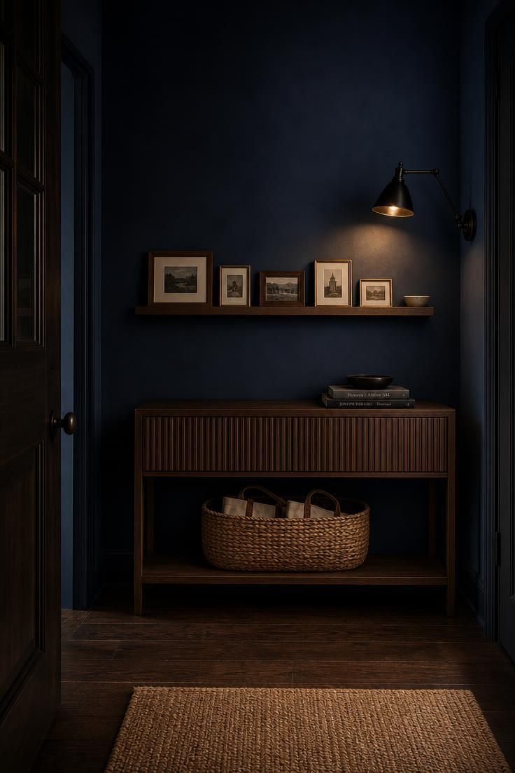 11 Inviting Eclectic Entryway Ideas for an Artful Home 4 Fluted walnut console against deep indigo wall with swing-arm sconce, picture ledge of framed postcards, and woven basket in moody low light.