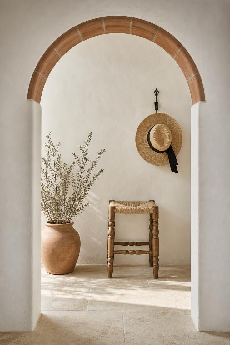 11 Inviting Eclectic Entryway Ideas for an Artful Home 5 Mediterranean entry with bullnose terracotta arch, turned-wood stool with rush seat, straw hat on iron hook, and dried olive branches in bright midday light.
