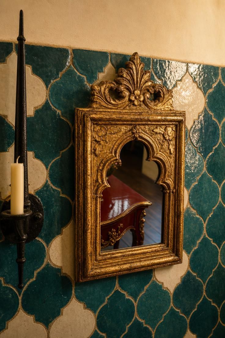 11 Inviting Eclectic Entryway Ideas for an Artful Home 6 Upper entry wall with glossy teal zellige tile, worn gilt mirror, and reflection of a lacquered red console in warm golden light.